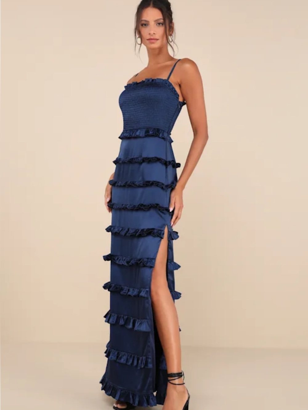 New Lulus Sincerely Fabulous Navy Ruffle-Tier Satin Maxi Dress - Women's Sz XL - Picture 3 of 8